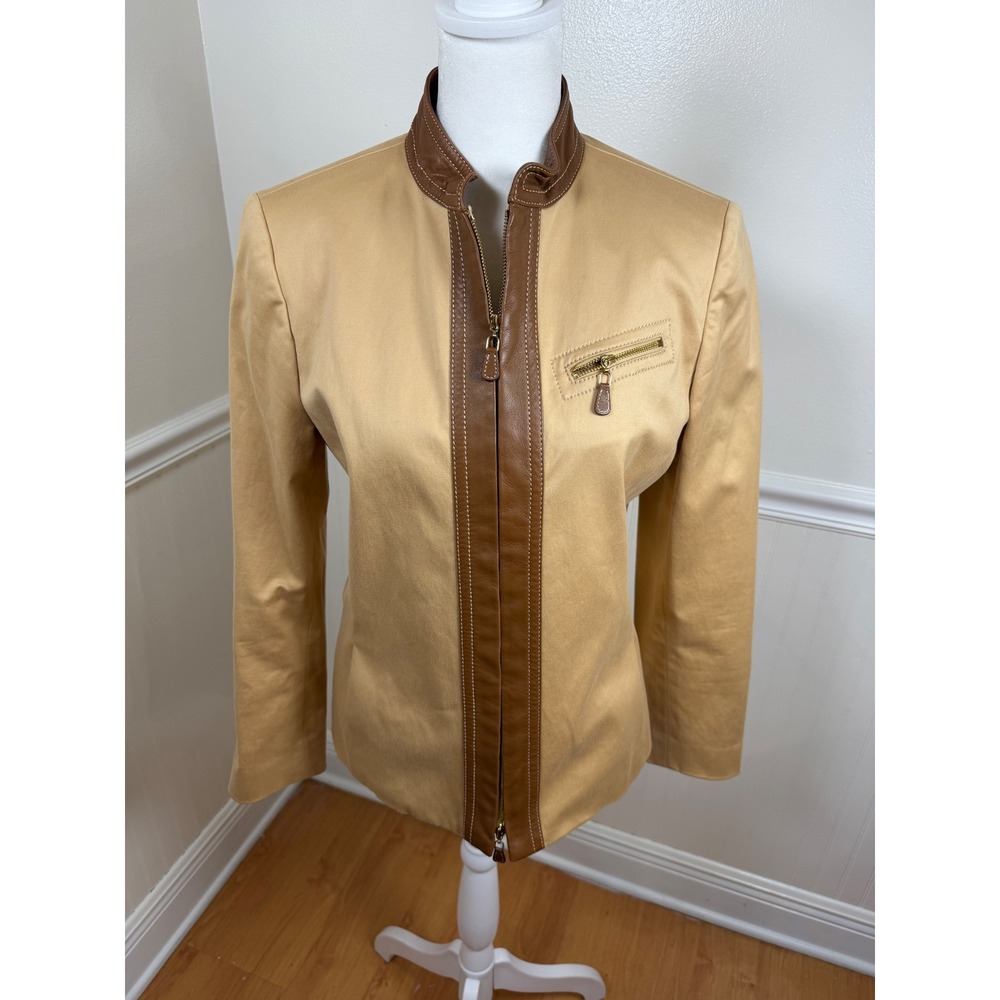Dana Buchman Vintage Jacket Brown Leather Trim Mock Neck Full Zip Women Size 8P